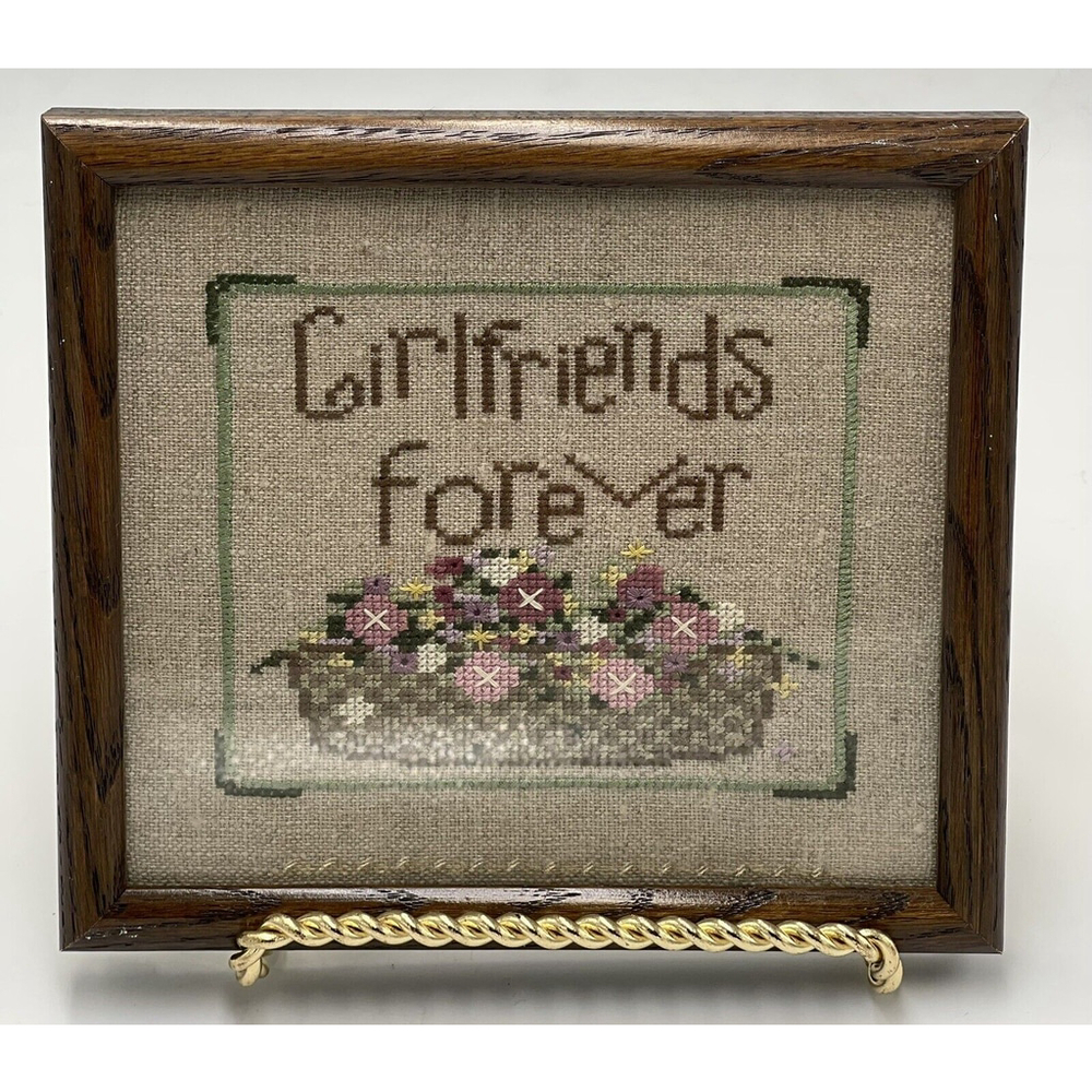 Girlfriends Forever Professionally Framed Cottage Style Crossstitch Art 8”X7”
